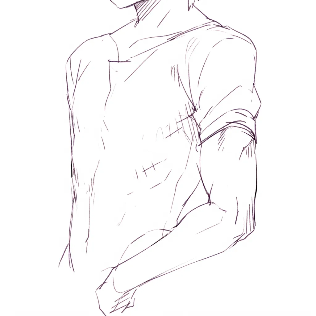 肘を引く姿勢｜【基本構造】半袖からのぞく上腕を意識させつつ、肘を曲げて体側に引き寄せた描き方。シャツのシワで動きの方向性を示しています。<br>【演出の方向性】ラフな線と陰影により、ラフスケッチ的な動きの瞬間を切り取った印象を強めています。<br>