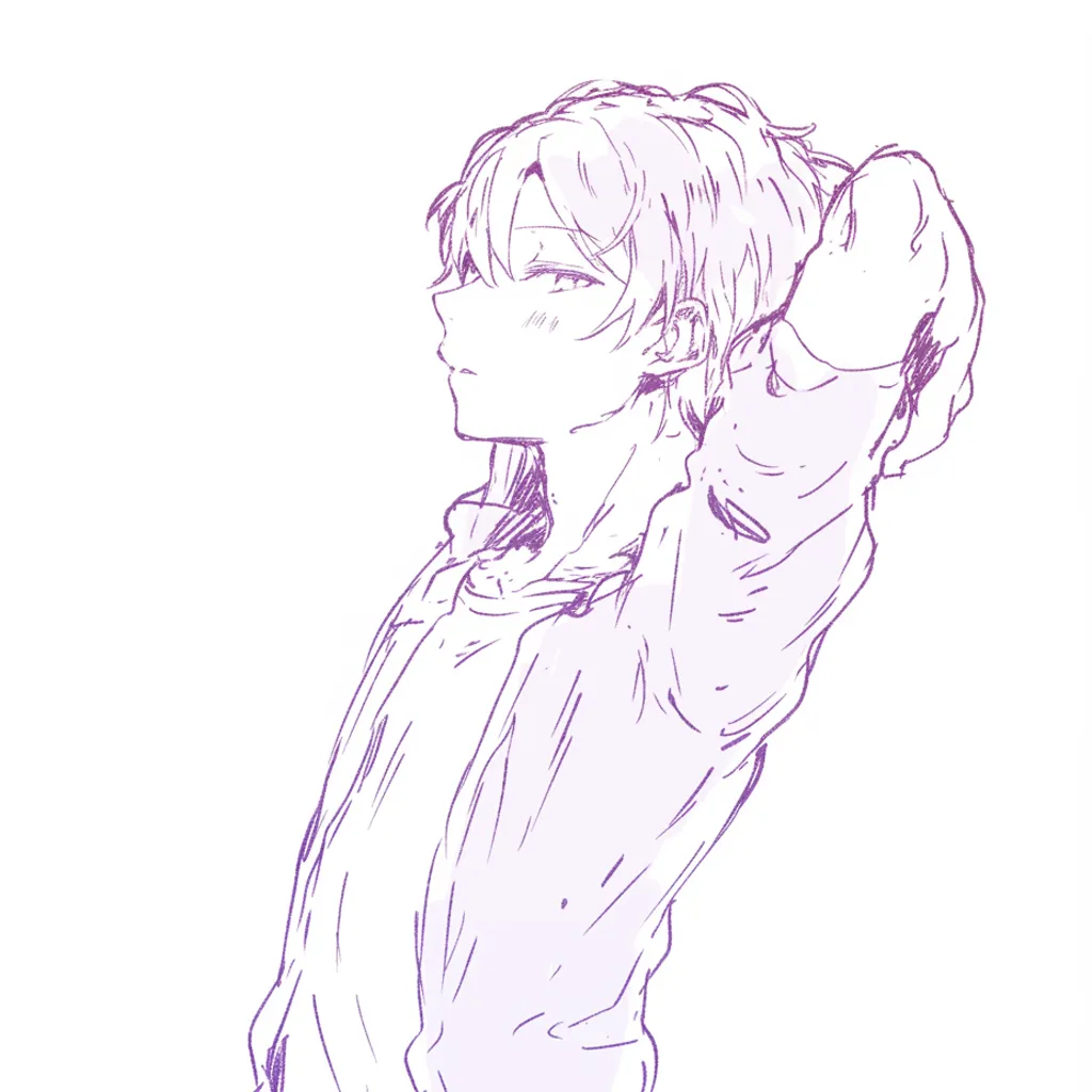 肘を後ろに伸ばす横顔｜【基本構造】肘を後方に大きく折り曲げ、後頭部に手を回す描き方。肩から胸、首のラインを横から強調しています。<br>【演出の方向性】髪や服の揺れを加え、伸びをするような自然体のリラックス感を演出しています。<br>