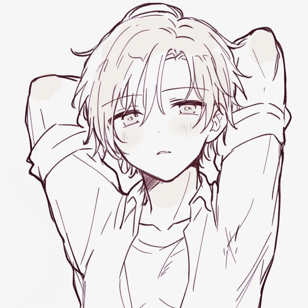 肘を後ろに組む正面｜【基本構造】両肘を後方に曲げて組み、胸を張った正面の描き方。肩や首回りを広く見せる構図です。<br>【演出の方向性】視線を柔らかく下げ、頬をわずかに赤らめることで、リラックスした親密さや余韻を伝えています。<br>