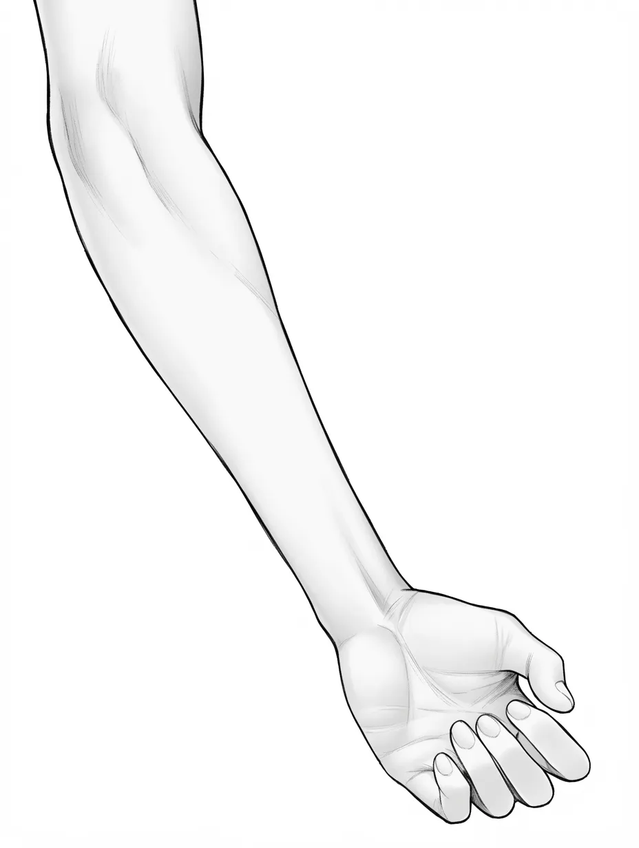 かわいい手の前腕と掌｜【基本構造】前腕から自然に伸びる形を描き方として整理し、掌を軽く開いたやわらかな指の配置で丸みを演出しています。<br>【演出の方向性】指先をやや内側に曲げ、余白を広めに取ることで柔らかさと親しみやすさを表現し、可愛らしい印象を与えています。<br>