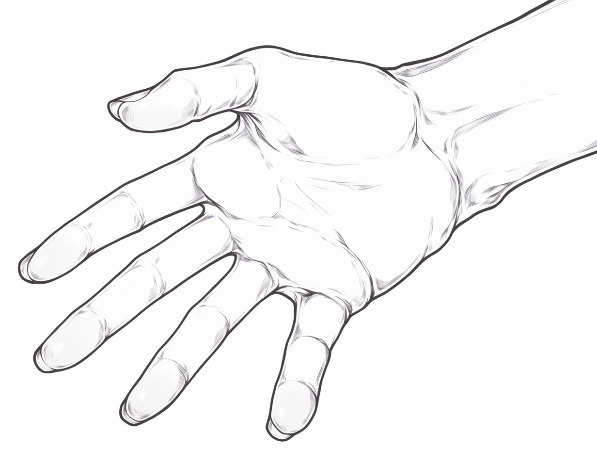 かわいい手の開き｜【基本構造】掌を大きく広げた描き方で、指の間隔を均等に取り、手首からの流れをなめらかに構成しています。<br>【演出の方向性】線を軽く抑えて強調を避けることで、無邪気さや開放感を感じさせる表現になり、元気で可愛い印象を与えています。<br>