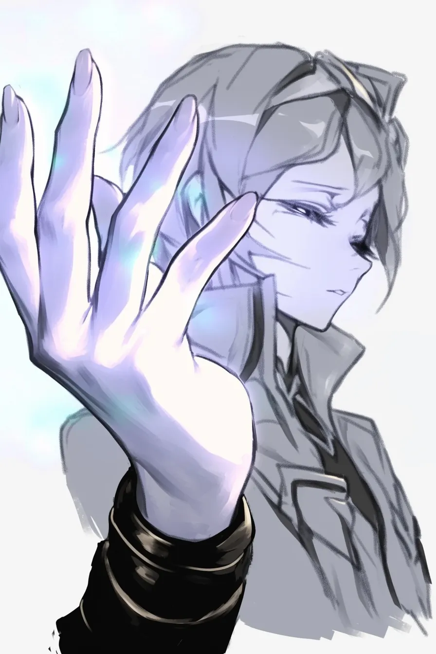 かっこいい手の光彩｜【基本構造】長い指を広げる描き方で、手前に大きくせり出させ、奥に人物を配置して遠近感を強調しています。<br>【演出の方向性】指先に光の反射を乗せることで神秘性と華やかさを表し、冷静な表情と対比させてかっこよさを引き立てています。<br>