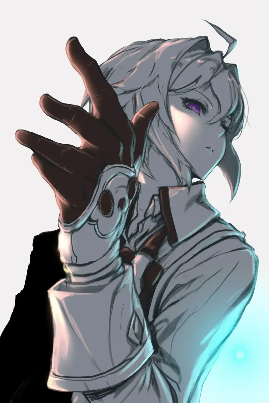 かっこいい手の逆光｜【基本構造】手の甲を正面に掲げる描き方で、影の強弱をはっきりとつけ、手袋の意匠で装飾性を持たせています。<br>【演出の方向性】逆光を強調することでシルエットを鋭く際立たせ、鋭い眼差しとあわせて力強さを感じさせる表現になっています。<br>