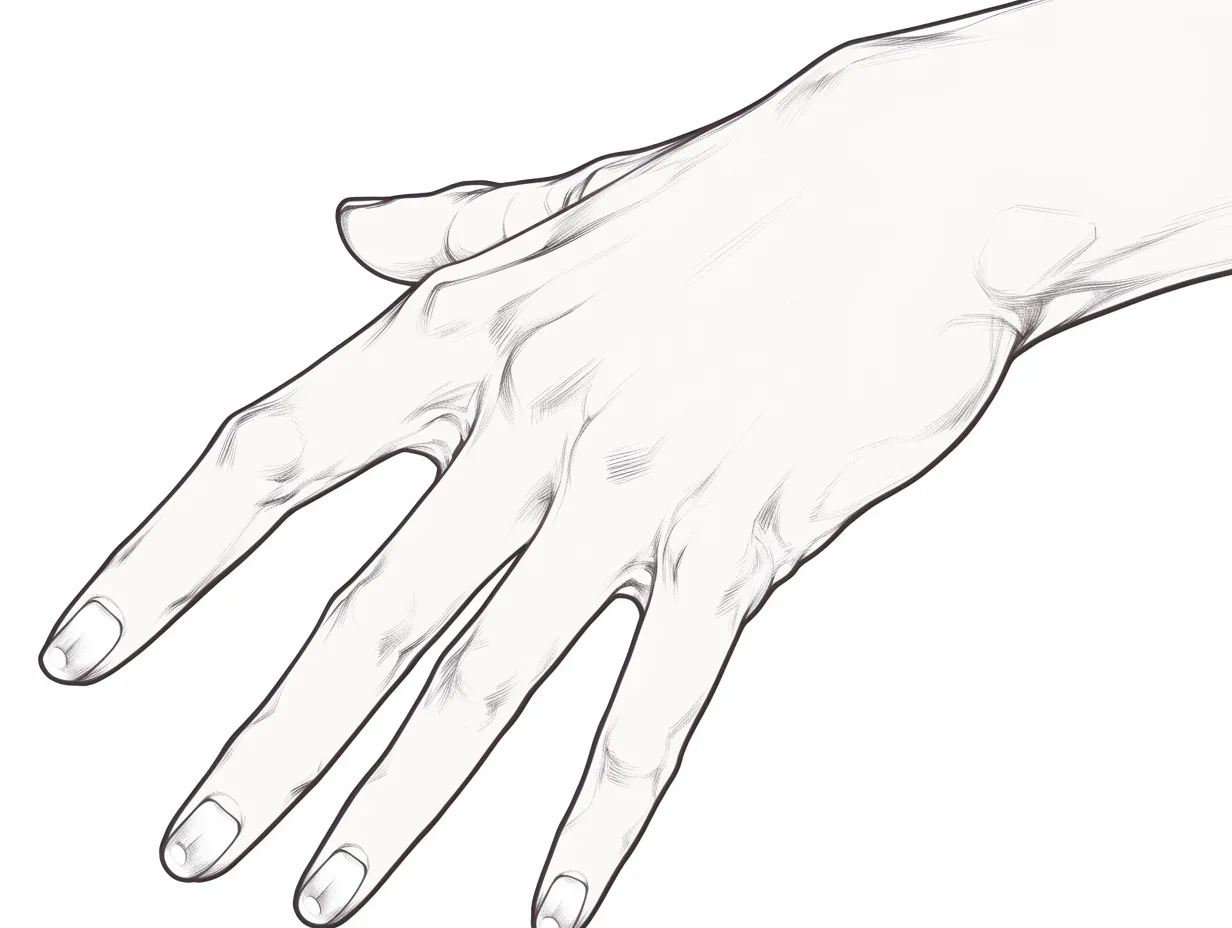 かっこいい手の伸び｜【基本構造】指を外側へ伸ばす描き方で、関節や筋の流れを緻密に描写し、骨格的なかっこよさを表現しています。<br>【演出の方向性】余計な装飾を排し、線の強弱のみで表情を持たせることで、硬質で洗練された印象を観る者に与えています。<br>