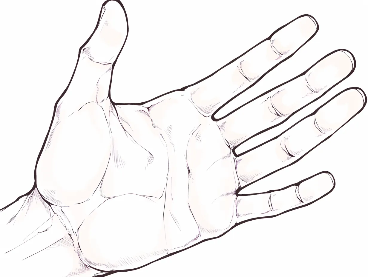 かっこいい手の掌｜【基本構造】正面に大きく広げた描き方で、掌の肉厚と指の曲線をはっきりと描写しています。<br>【演出の方向性】影を薄く配置し、線の緊張感で存在感を出すことで、堂々とした力強さを強調するかっこいい表現になっています。<br>