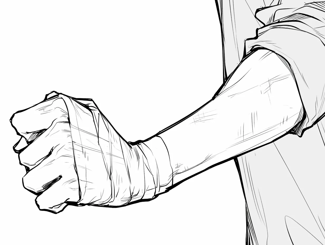 かっこいい手の包帯｜【基本構造】拳を握った描き方で、包帯のラインが手首から指先へリズミカルに流れ、力の収束点を明確に示しています。<br>【演出の方向性】線の荒々しさと包帯の質感で闘志や野性味を強調し、熱を帯びたかっこよさを生み出しています。<br>