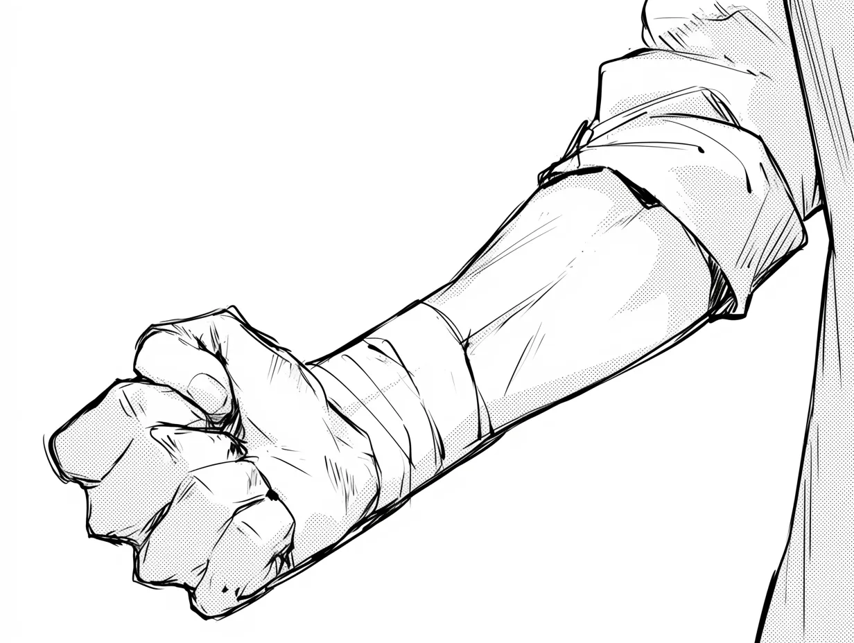 かっこいい手の拳｜【基本構造】力強く握りしめた拳を描き方としてまとめ、手首から肘へのラインを直線的に処理しています。<br>【演出の方向性】陰影を重ねて重量感を出し、決意や覚悟をにじませることで迫力あるかっこよさを引き立てています。<br>