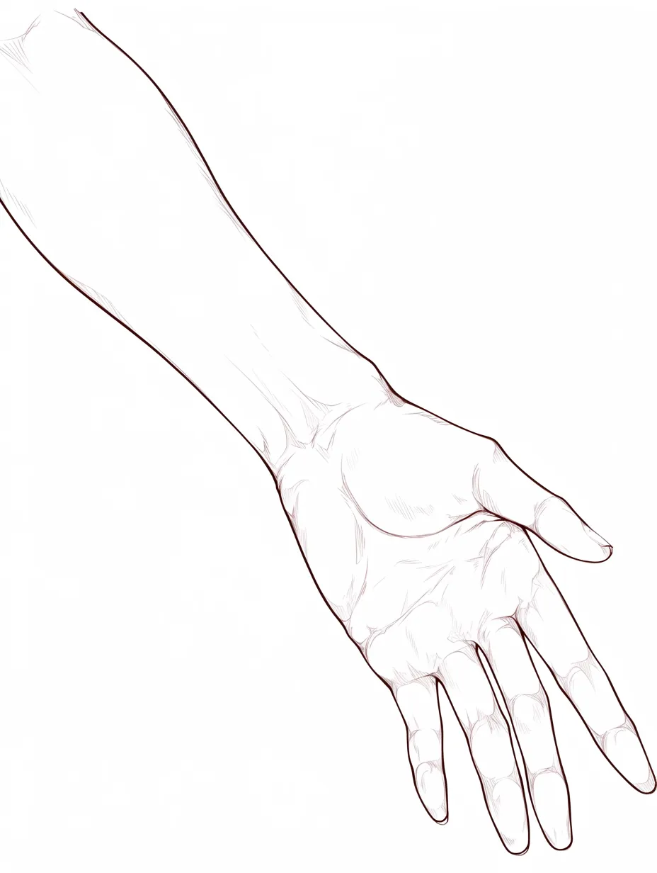 女の子の手の掌｜【基本構造】手のひらを下向きに開いた描き方で、指を細長く配置し、手首から自然に流れるラインを強調しています。<br>【演出の方向性】線を柔らかく整えることで、女の子らしい繊細さや優しい雰囲気を漂わせています。<br>