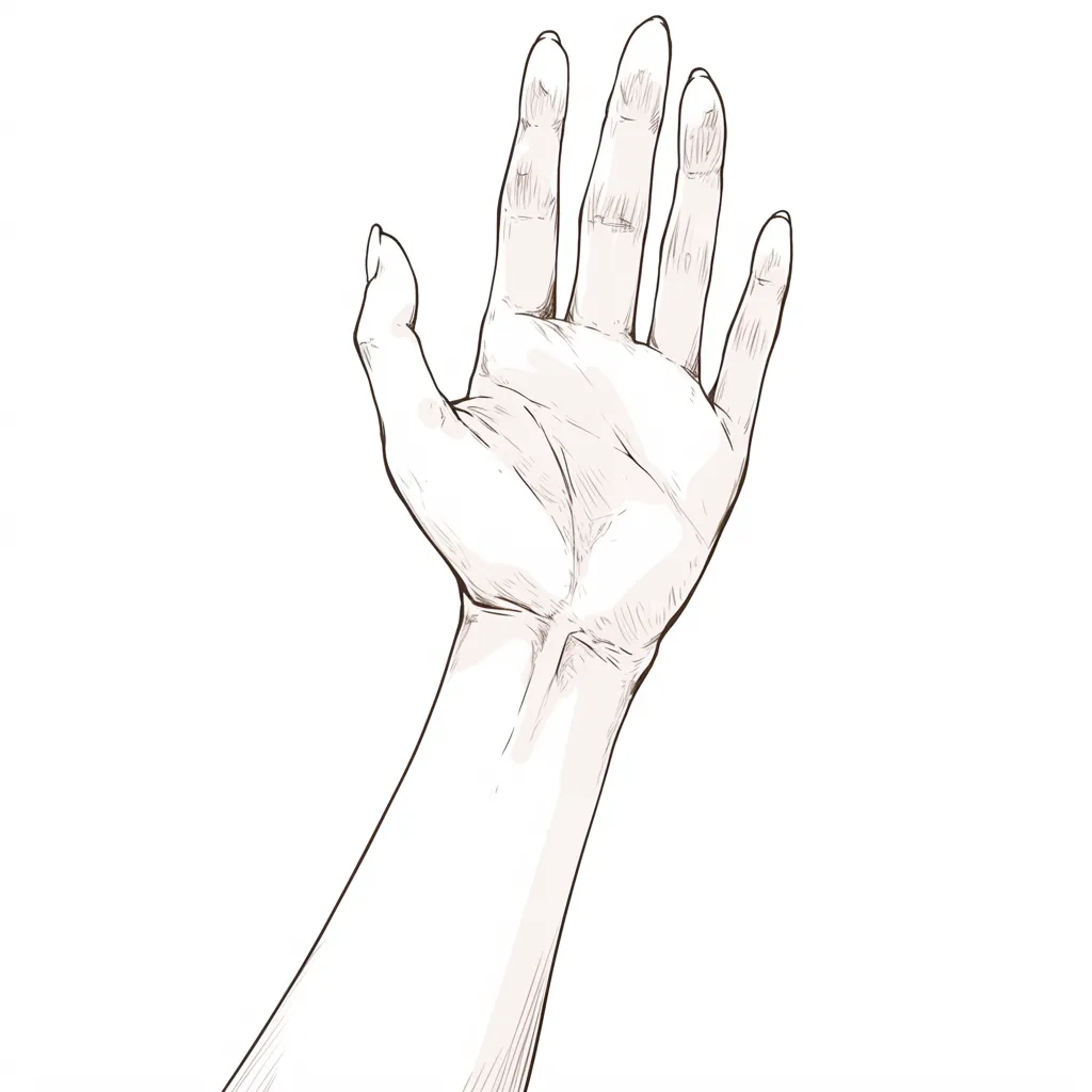 女の子の手の正面掌｜【基本構造】掌を正面に向けた描き方で、指を揃えつつも軽く隙間を開け、関節の丸みを表現しています。<br>【演出の方向性】柔らかな光を受けたような処理で、優しさと女性らしい可憐さを漂わせています。<br>