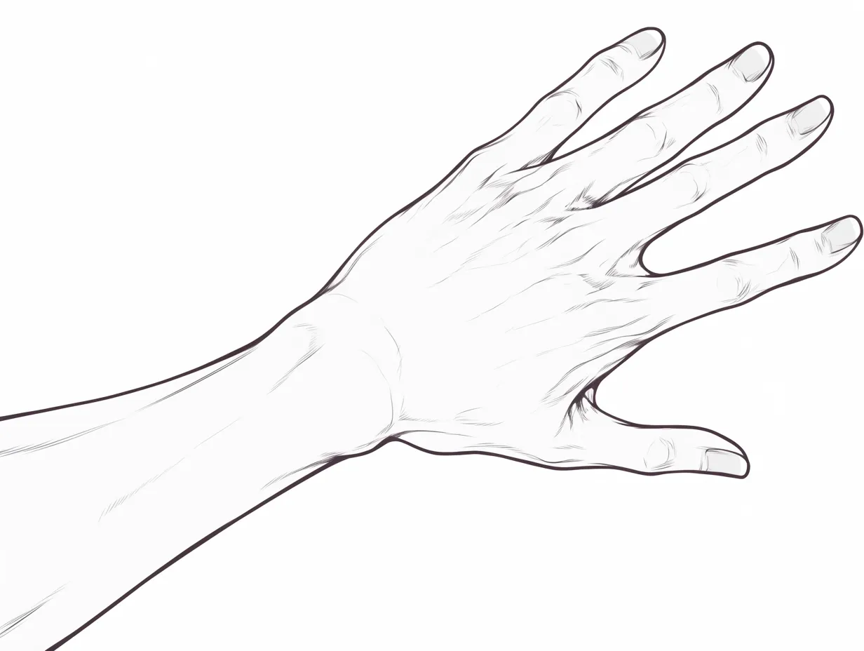女の子の手の伸ばし｜【基本構造】甲を外向きに広げる描き方で、筋や骨格をしっかり描き込み、繊細ながらも存在感を与えています。<br>【演出の方向性】線の抑揚によって華奢さを強調し、しなやかで女性らしい動きを印象付けています。<br>