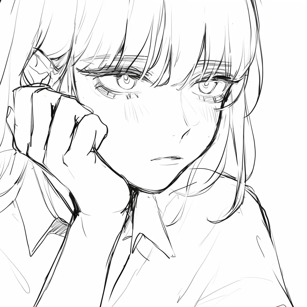 女の子の手の頬杖｜【基本構造】顔に手を添える描き方で、指の曲げ方や手首の傾きを自然に配置しています。<br>【演出の方向性】頬に添えられた手が表情と一体化し、物憂げで可憐な雰囲気を強調しています。<br>