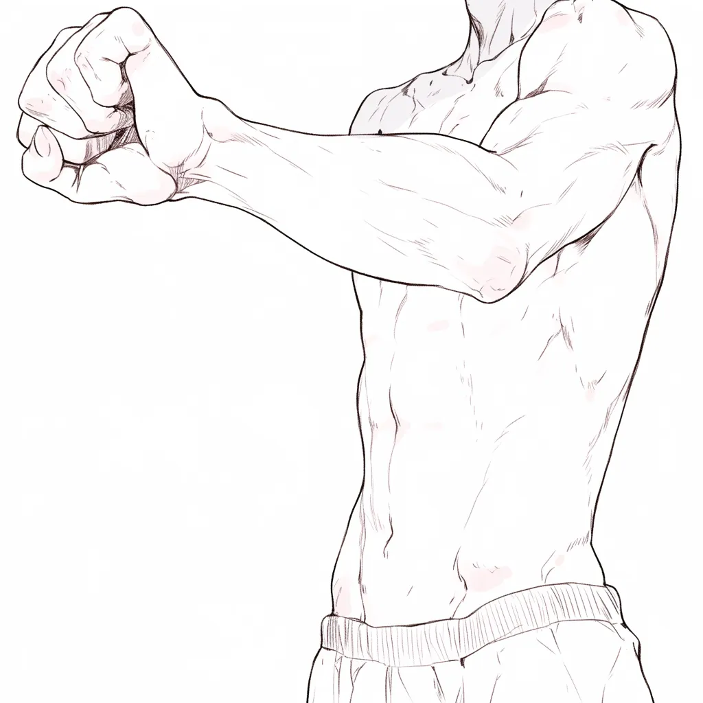 男の手の拳｜【基本構造】胸から腕を突き出し、拳を強く握る描き方で、前腕の筋肉と肩の連動を明確に描いています。<br>【演出の方向性】力感を重視し、全身の緊張を線で示すことで、男らしい迫力を強調しています。<br>