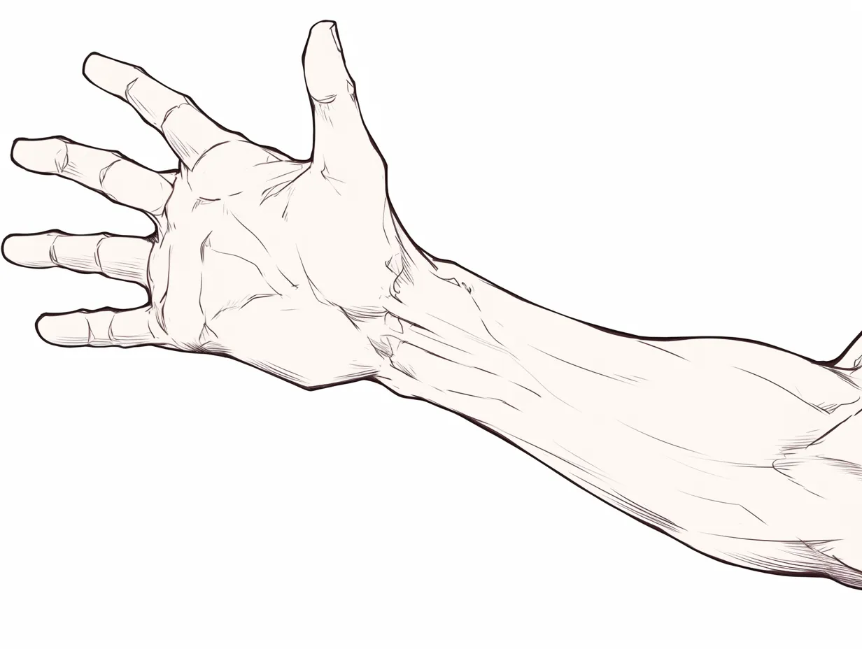 男の手の開き｜【基本構造】掌を大きく広げた描き方で、指の関節や筋を鋭く描き込み、力の流れを強調しています。<br>【演出の方向性】鋭い線と広がりのある形状で、威圧感や強さを演出し、男性的な迫力を引き出しています。<br>