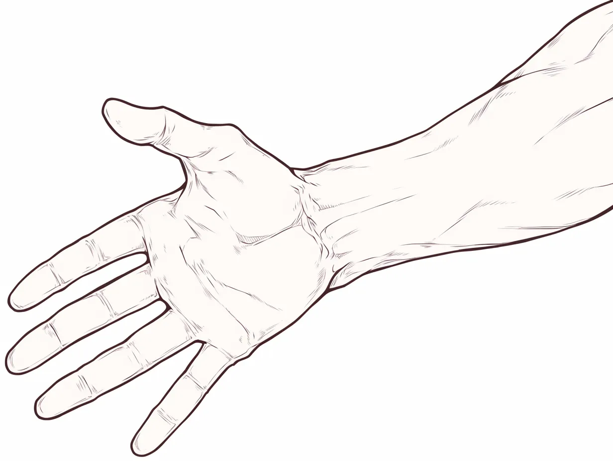 男の手の掌正面｜【基本構造】掌を正面に見せる描き方で、親指の付け根や掌の厚みを重視して構成しています。<br>【演出の方向性】陰影を深めに取り、分厚い掌を強調することで、男の手らしい力強さを印象付けています。<br>