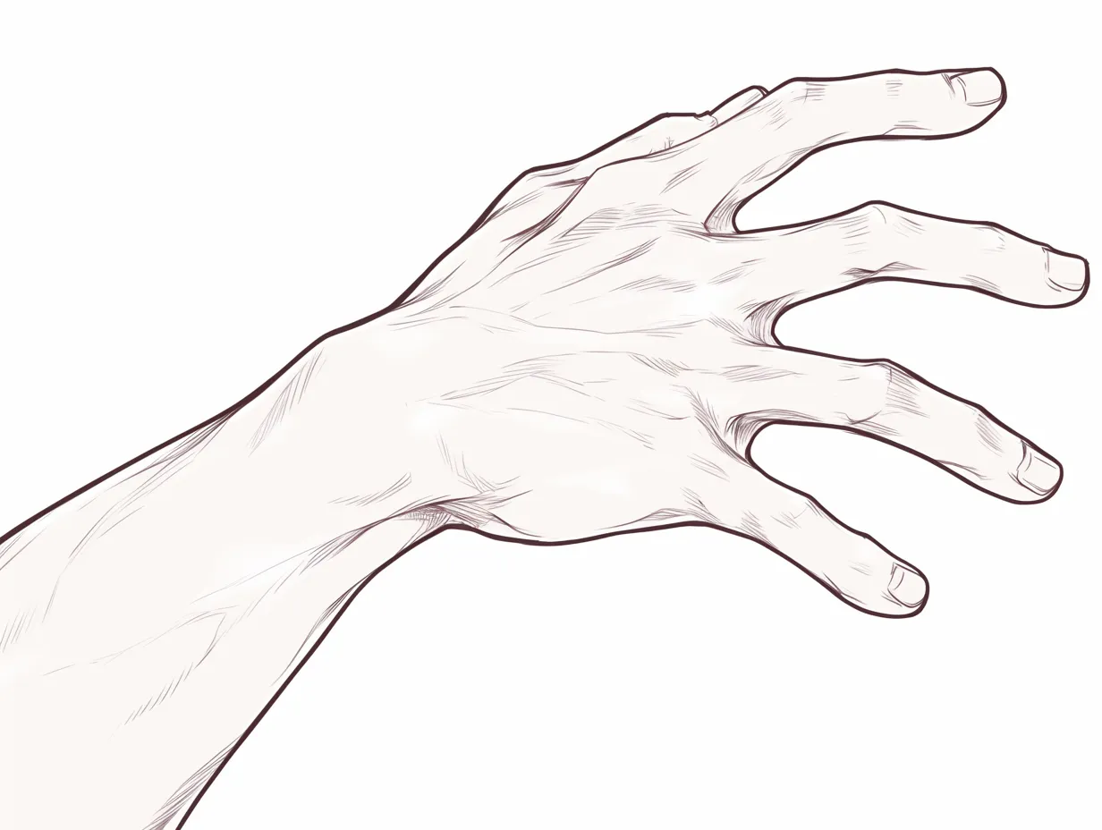 男の手の甲｜【基本構造】甲を斜めに見せる描き方で、腱や骨の浮きを細かく描き込み、質感を強調しています。<br>【演出の方向性】線を硬めに刻むことで荒々しさを出し、男性的な無骨さを際立たせています。<br>