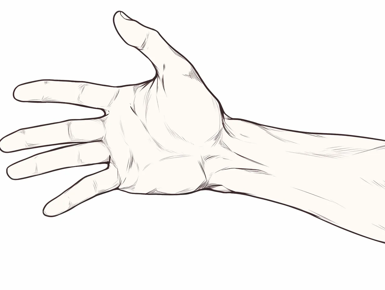 男の手の横掌｜【基本構造】横向きに掌を広げる描き方で、親指と小指の対比を強調し、力の方向性を示しています。<br>【演出の方向性】余分な装飾を省き、筋の張りと骨格を際立たせることで、実直で男らしい雰囲気を表現しています。<br>