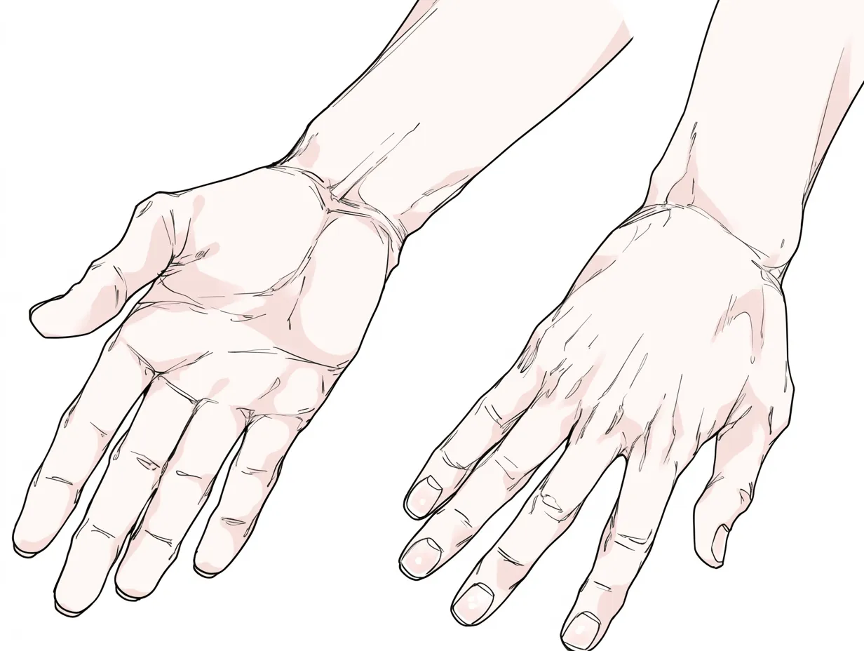 男の手の両面｜【基本構造】掌と甲を並べた描き方で、手の厚みと構造を比較しやすくしています。<br>【演出の方向性】掌と甲を対比的に見せることで、男性的な手の堅実さと重みをわかりやすく伝えています。<br>