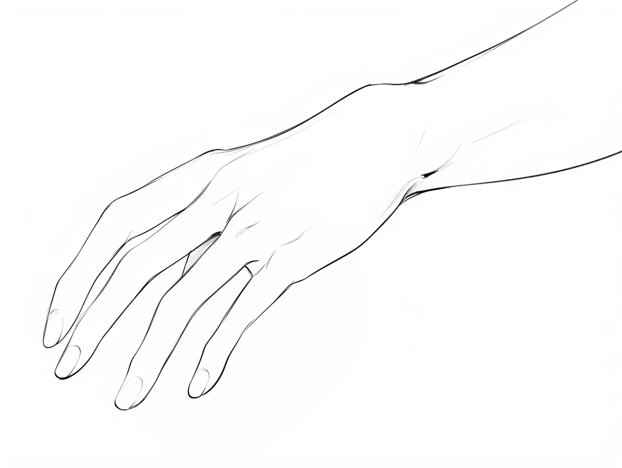 横の手の指先｜【基本構造】手を横に寝かせ、細長い指を流れるように配置する描き方で、甲のなだらかな面を意識しています。<br>【演出の方向性】余計な影を抑え、線を最小限に整えることで、静かな存在感を与えています。<br>