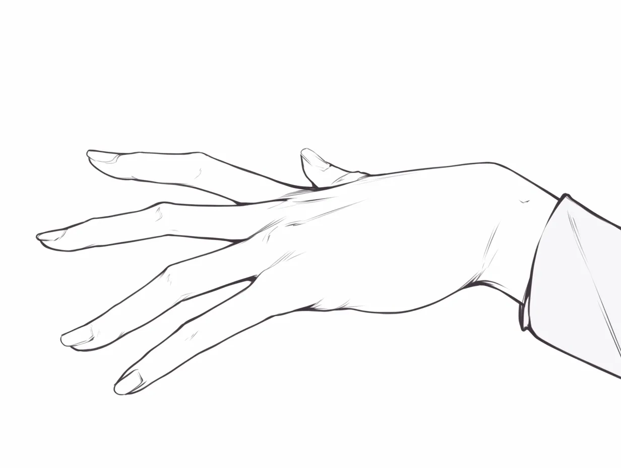 横の手の広がり｜【基本構造】横に伸ばした手を大きく広げる描き方で、関節ごとの曲げを緩やかに示しています。<br>【演出の方向性】シャープな線で構成し、シンプルながらも緊張感のある横向きの動きを表現しています。<br>