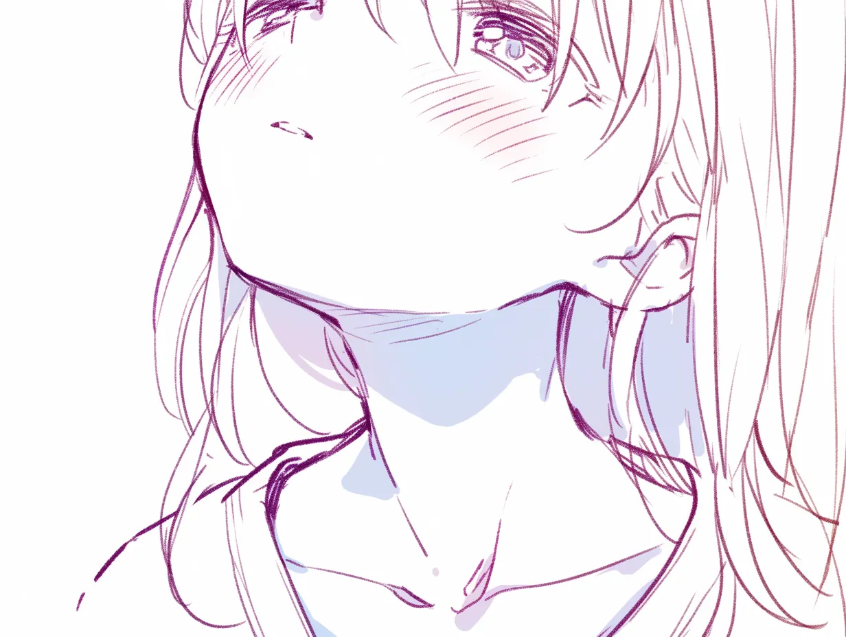 女性の鎖骨を仰角で描く｜【基本構造】顎を上げた角度で首筋を伸ばし、鎖骨の中央がくっきりと浮かぶ描き方です。肩からのラインが強調され、構造が明快です。<br>【演出の方向性】上目遣いと赤らんだ表情が合わさり、鎖骨の存在が感情表現の一部として強いインパクトを与えています。<br>
