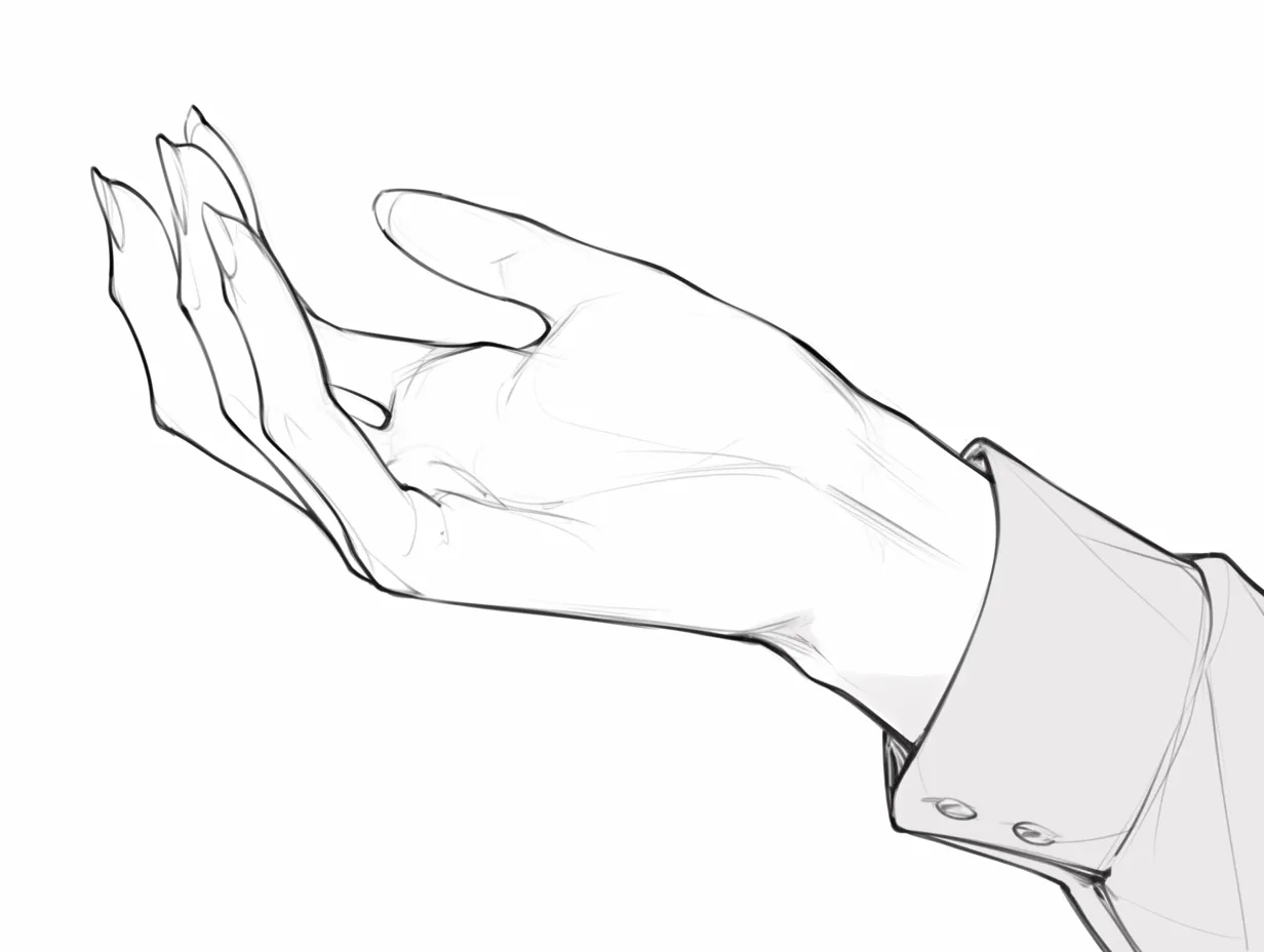 横の手の掌返し｜【基本構造】掌をやや上向きに傾けた横の描き方で、指を内側に軽く曲げて配置しています。<br>【演出の方向性】袖口を添えることで人物感を強調し、柔らかさと品のある横向きの手を演出しています。<br>
