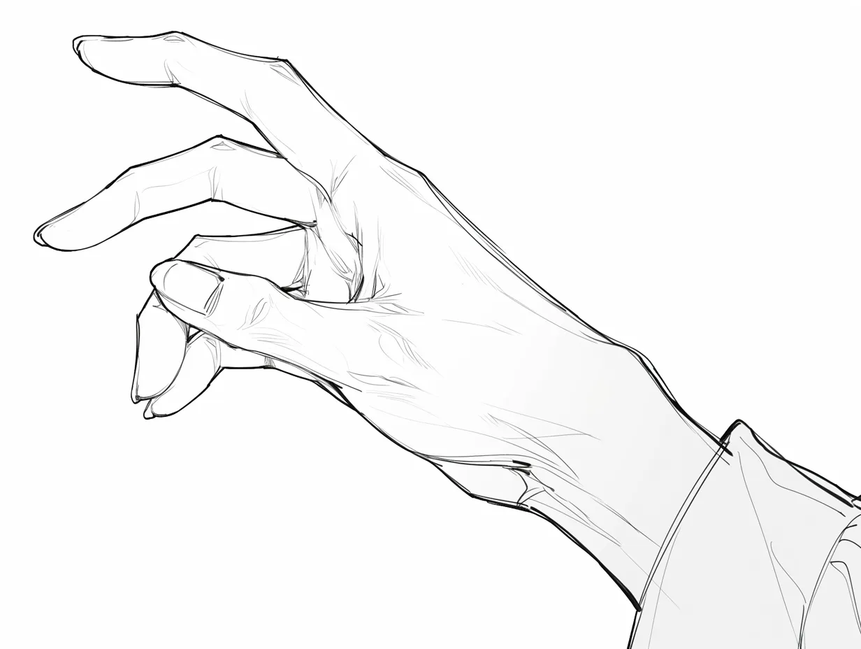 横の手のつまみ｜【基本構造】横から指を摘むように曲げた描き方で、親指と人差し指の動きを強調しています。<br>【演出の方向性】細かいシワを描き込み、自然な動きと繊細な仕草を伝える横向きの表現となっています。<br>