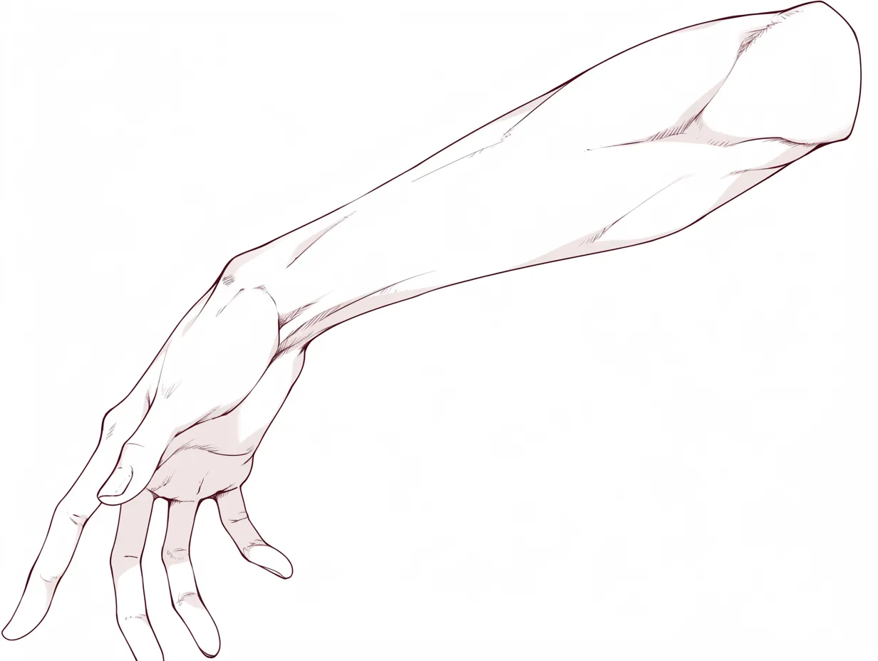 横の手の下がり｜【基本構造】横向きに手首を落とし、指を重力に沿って垂らす描き方で、前腕の流れをしなやかに描いています。<br>【演出の方向性】余裕を持たせた線で柔らかさを出し、リラックスした雰囲気を与える横の手を表現しています。<br>