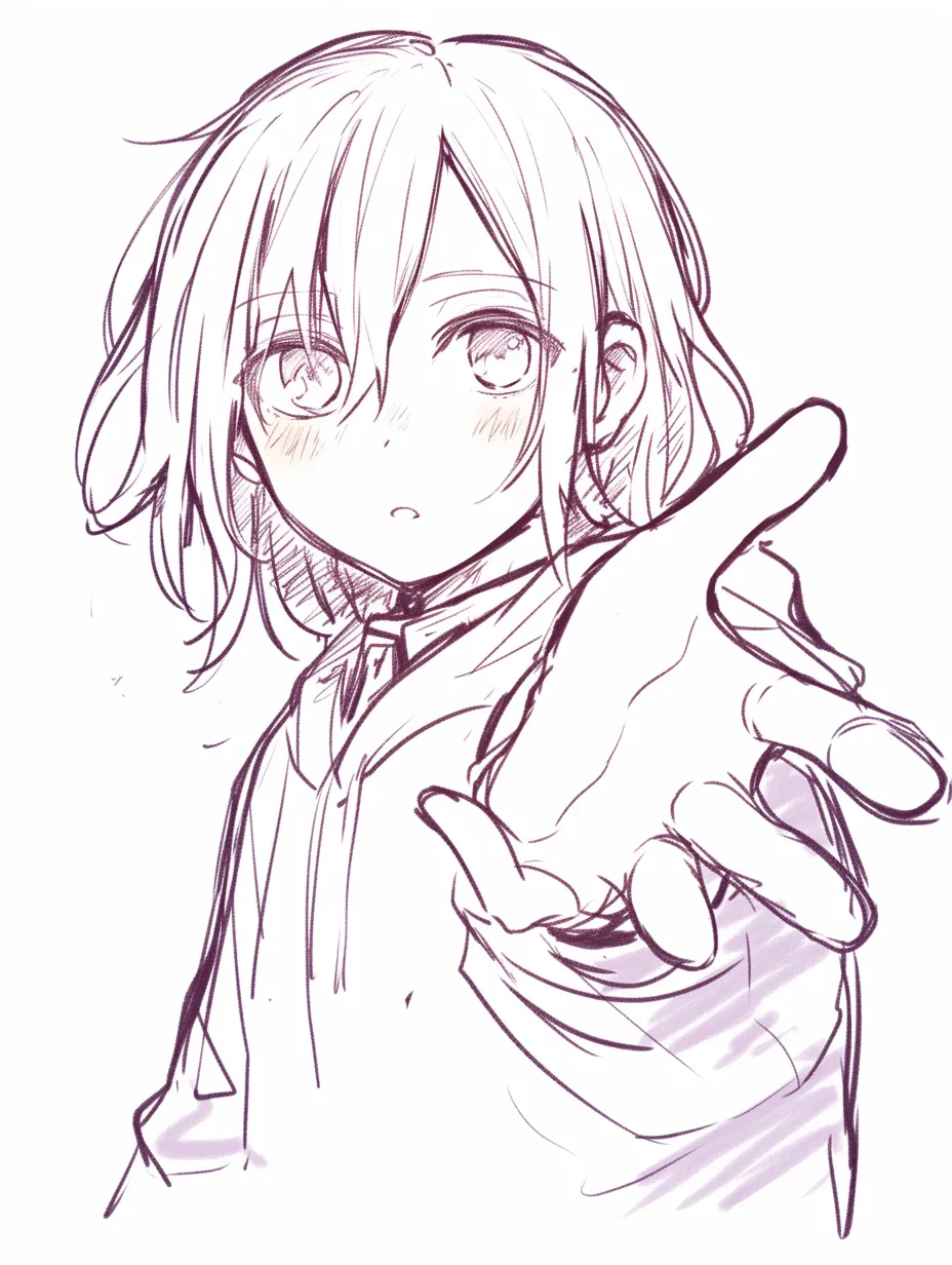 かっこいい手を伸ばすの少女｜【基本構造】正面気味の構図で、片手を大きく前方に突き出す描き方です。肩から手の遠近を強調し、目線はやや下から受け止める形になっています。<br>【演出の方向性】真剣で静かな瞳と頬の赤みが、無言の呼びかけや優しい誘いを印象づけています。<br>