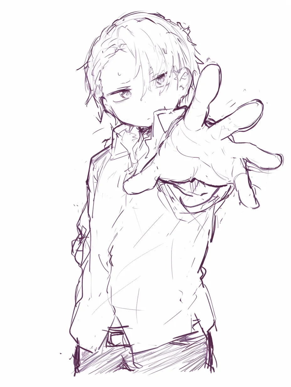 かっこいい手を伸ばすの男子｜【基本構造】腰から上を描き、前傾姿勢で片手を力強く差し出す描き方です。顔の向きは斜め下、鋭い目線が強調されています。<br>【演出の方向性】額の汗や硬い口元が緊迫感を演出し、相手を守ろうとする決意や切迫した状況を連想させます。<br>