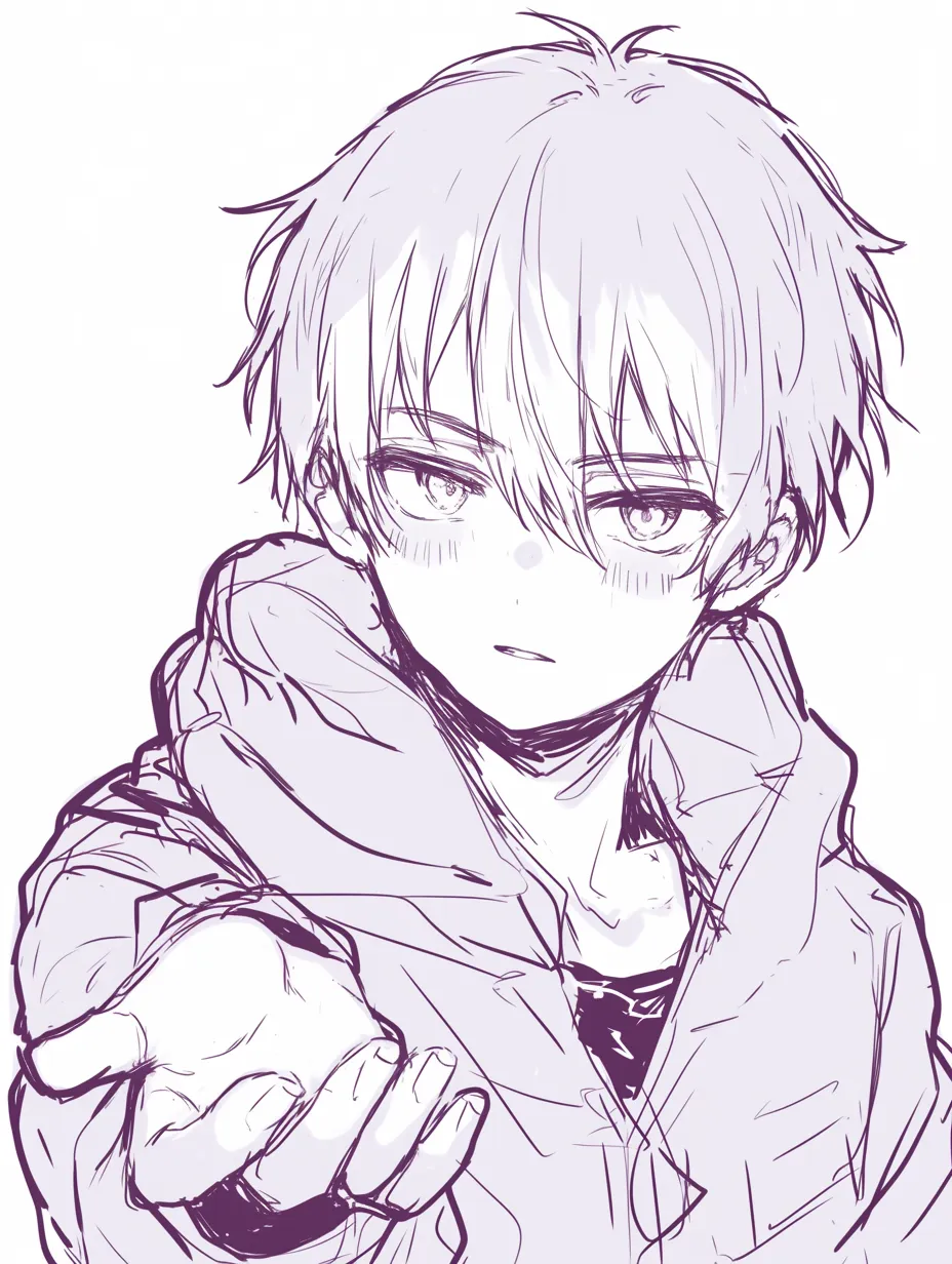 かっこいい手を伸ばすの少年｜【基本構造】上半身を大きくフレーミングし、体の中心から片手を前に突き出す描き方です。やや猫背気味で、視線は正面を見据えています。<br>【演出の方向性】伏し目がちな瞳と無表情気味の口元が落ち着いた雰囲気を作り、相手を安心させる優しさや頼もしさを漂わせています。<br>