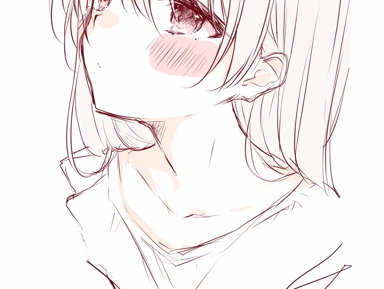 女性の鎖骨の横顔｜【基本構造】横顔に合わせて首筋から肩へ流れるラインを描き方に整理し、鎖骨が斜めに走る構造を強調しています。<br>【演出の方向性】頬の赤みや瞳の潤みが鎖骨のラインと連動し、切なさや恋情を漂わせる雰囲気を演出しています。<br>