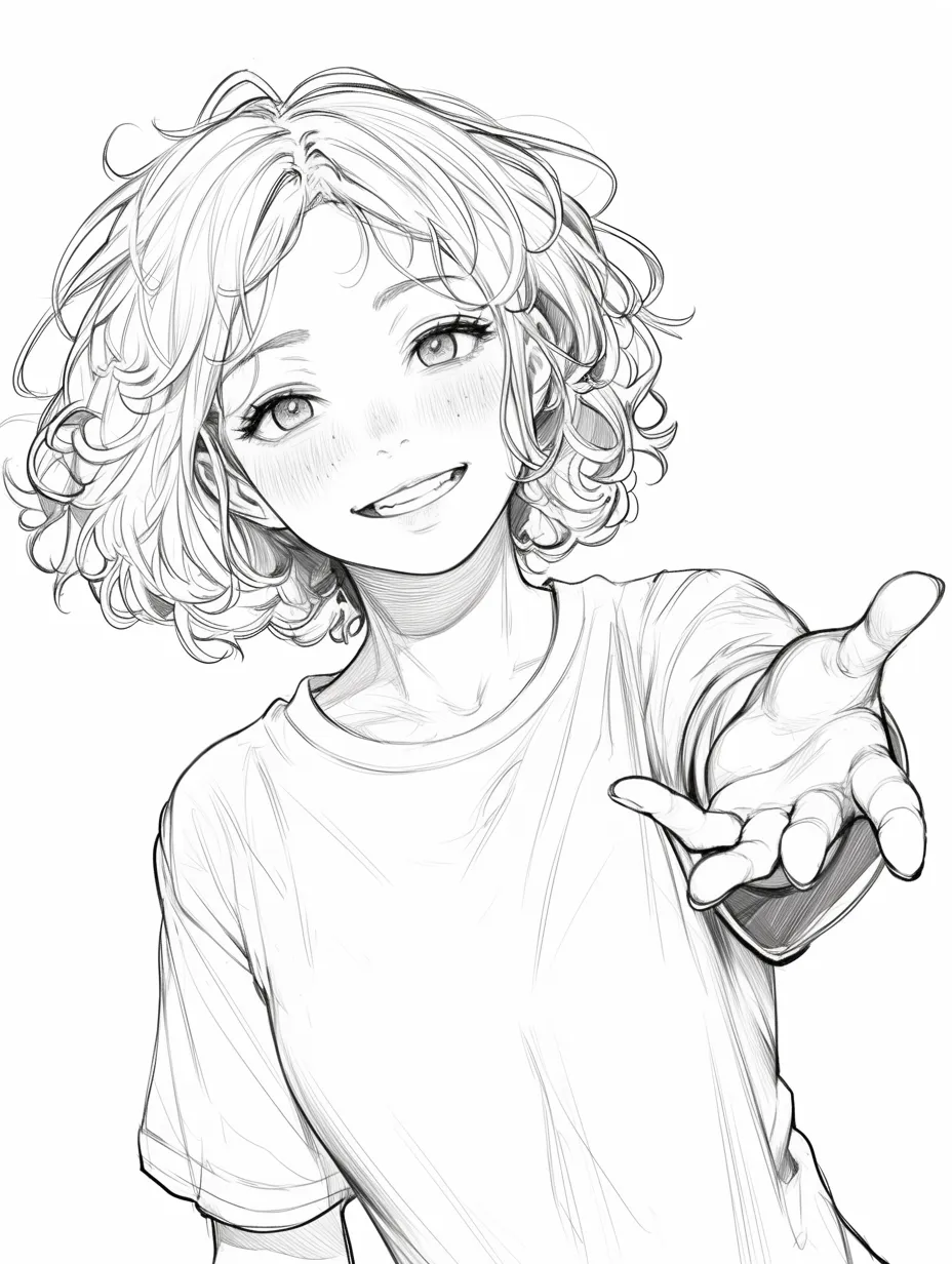 正面手を差し伸べるの笑顔｜【基本構造】正面から上半身を描き、片手を前方へ差し出す描き方です。髪はカールで広がり、肩幅を広くとっています。<br>【演出の方向性】明るい笑顔と視線が観る者を引き込み、安心感と親近感を強く伝えています。<br>