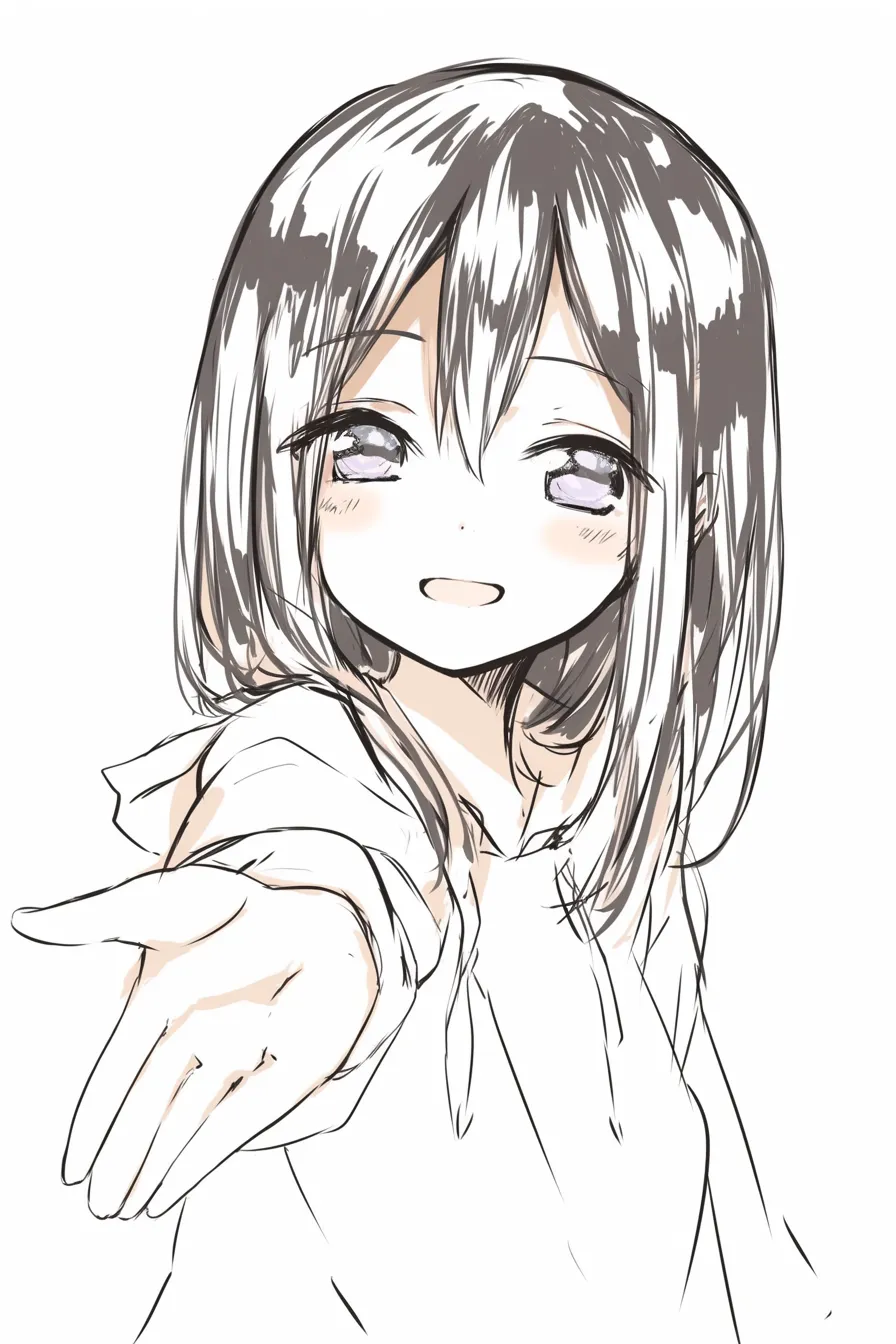 正面手を差し伸べるの少女｜【基本構造】長めの髪を下ろした正面構図で、肩から手を前に伸ばす描き方です。手のひらは開かれ、受け入れる形です。<br>【演出の方向性】柔らかな微笑みと穏やかな目元が、優しさと信頼感を表現しています。<br>