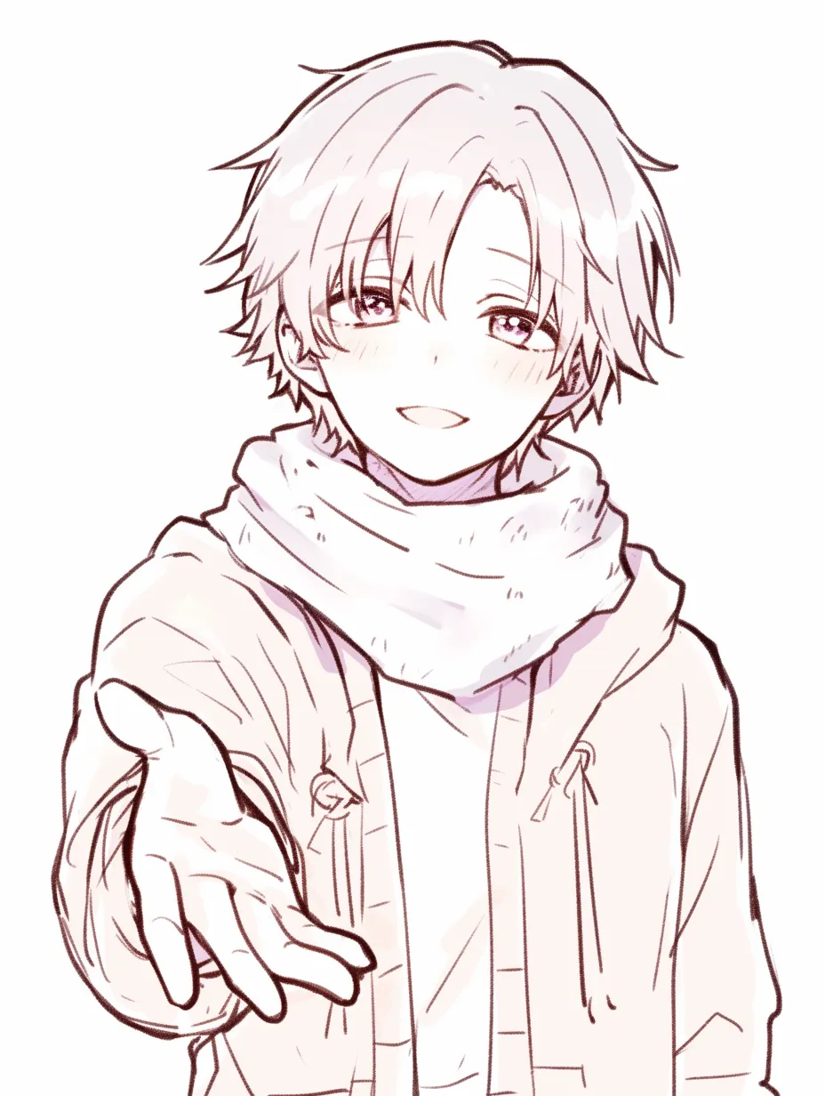 正面手を差し伸べるの少年｜【基本構造】マフラーとカジュアルな服装で、胸の前から手を正面に差し伸べる描き方です。視線は相手をまっすぐに捉えています。<br>【演出の方向性】微笑みと頬の赤みが親しみやすさを増し、冬らしい温かさと寄り添う印象を与えます。<br>