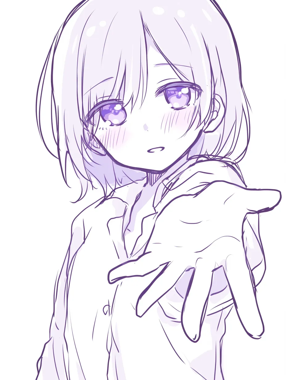 正面手を差し伸べるの瞳強調｜【基本構造】大きな瞳と丸い顔を正面に描き、腕を伸ばして手を前へ差し出す描き方です。髪は短めでシンプル。<br>【演出の方向性】輝く瞳とやや開いた口元が、素直な気持ちと期待を表し、可憐な印象を際立たせています。<br>