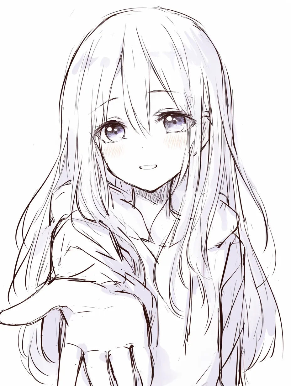 正面手を差し伸べるのロングヘア｜【基本構造】長い髪を左右に流し、正面から見える手を差し伸べる描き方です。胸元までしっかり描き込まれています。<br>【演出の方向性】落ち着いた笑顔と柔らかな表情が、温厚で包み込むような雰囲気を演出しています。<br>