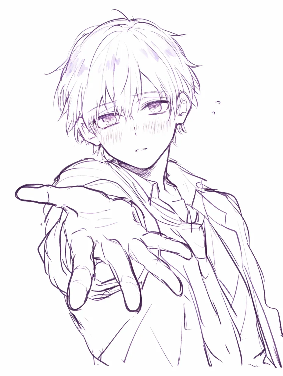 正面手を差し伸べるの青年｜【基本構造】制服風の衣装で、正面に体を向けつつ片手を強めに差し出す描き方です。肩の傾きがやや緊張感を加えています。<br>【演出の方向性】照れを含んだ頬の赤みと真剣な眼差しが、相手を意識しながらも勇気を振り絞る印象を与えています。<br>