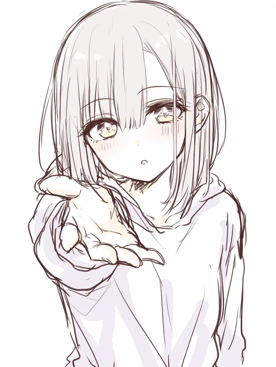 正面手を差し伸べるの少女表情控えめ｜【基本構造】前髪が目元を覆う形で、正面から片手を差し出す描き方です。服装はシンプルなパーカー。<br>【演出の方向性】控えめに開いた瞳と小さな口元が、静かな誘いかけや内気な感情を伝えています。<br>