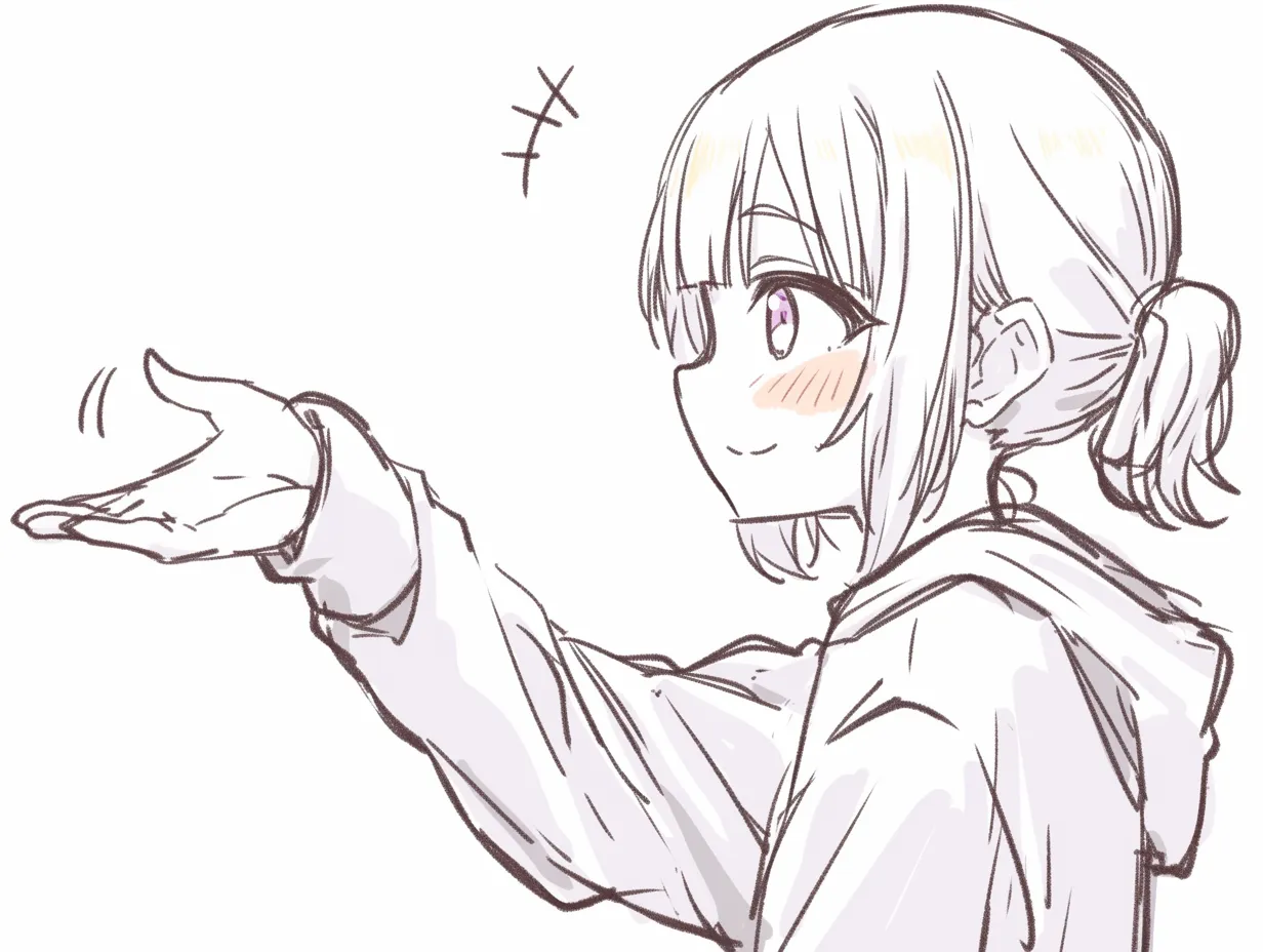 横向き手を差し伸べるの少女｜【基本構造】横顔を見せつつ片手を前に差し出す描き方で、髪を後ろでまとめています。腕の角度は軽く持ち上げる形です。<br>【演出の方向性】口元の微笑みと頬の赤みが、自然な親しみと軽快さを表現し、誘うような印象を与えています。<br>