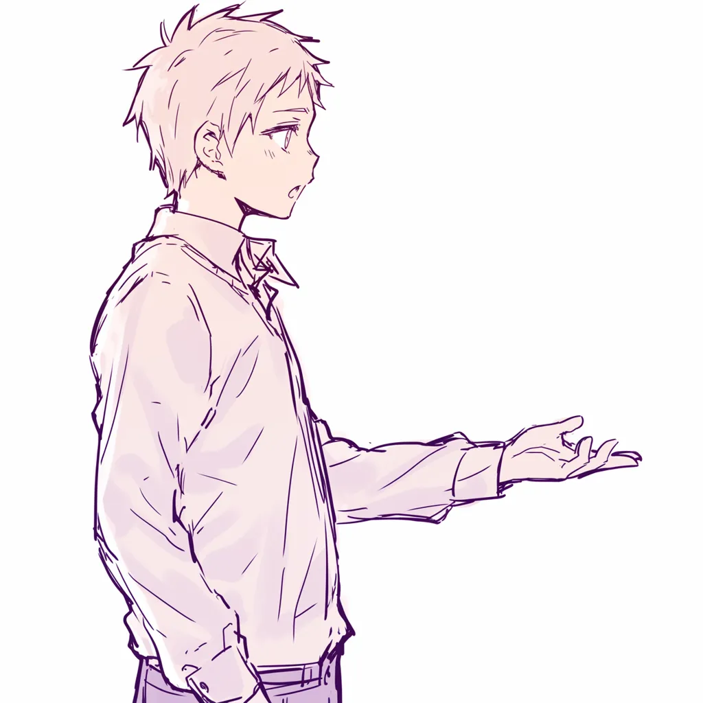 横向き手を差し伸べるの少年｜【基本構造】短髪の少年を横向きに描き、腰から上をシンプルに構成しながら片手を差し出す描き方です。口は軽く開いています。<br>【演出の方向性】驚きや問いかけのような口元が、状況に応じたリアルな感情を付与し、日常的で素直な印象を強調しています。<br>