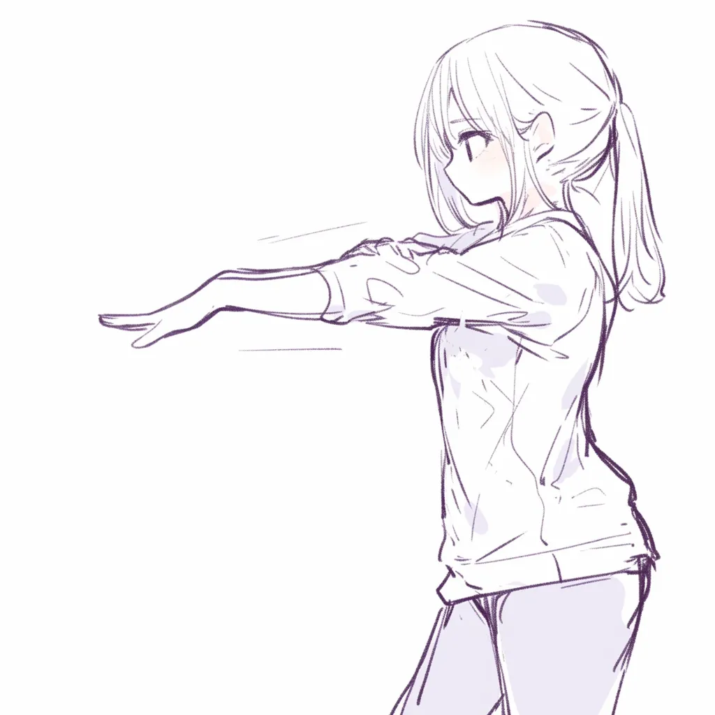 横向き手を差し伸べるの伸ばし動作｜【基本構造】体全体を横向きで描き、肩から遠くに腕を伸ばす描き方です。髪はポニーテールにまとめられています。<br>【演出の方向性】動きを伴った線の演出が勢いを感じさせ、前向きな行動や積極性を象徴しています。<br>