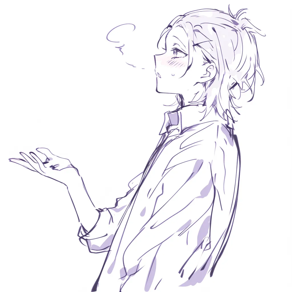 横向き手を差し伸べるの青年｜【基本構造】青年を横顔で描き、やや上を見上げながら手を前方に差し出す描き方です。シャツのシワと髪の乱れが印象的です。<br>【演出の方向性】吐息の描写や頬の赤みが、疲労感や安堵を表現し、物語的な情緒を生み出しています。<br>