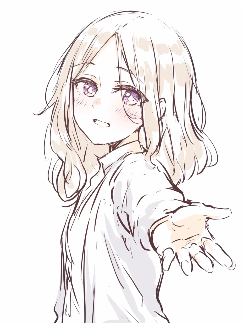 左手を差し伸べるの少女微笑｜【基本構造】正面寄りに体を向け、左手をやわらかく差し出す描き方です。髪は肩にかかり、顔の輪郭を際立たせています。<br>【演出の方向性】口元の笑みと頬の赤みが、相手を受け入れる優しさを伝え、安心感を演出しています。<br>