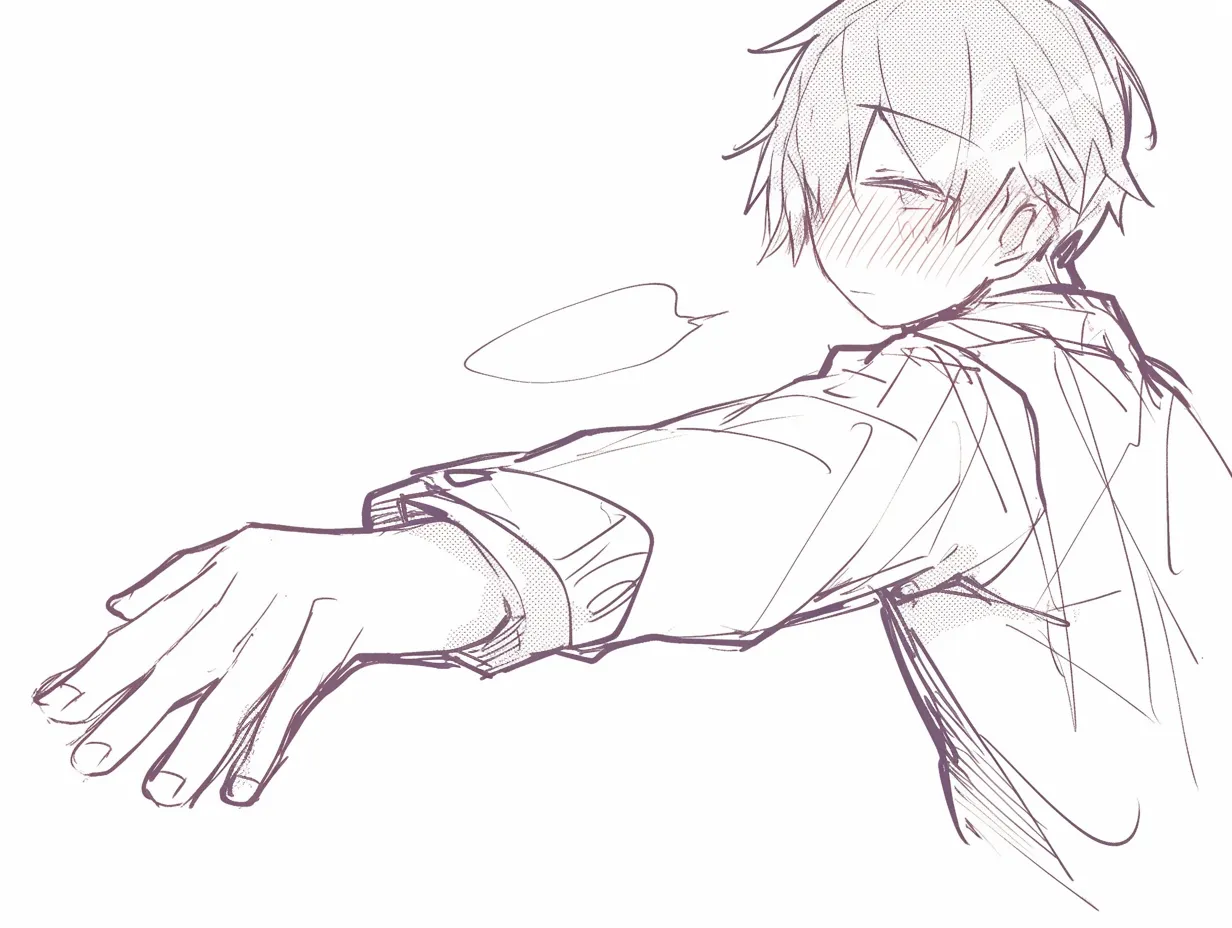 左手を差し伸べるの少年振り返り｜【基本構造】体を背中側から見せつつ、左手を伸ばす描き方です。顔は振り返る形で、肩越しに視線を送っています。<br>【演出の方向性】振り返りながらの仕草が、意外性や誘いかけを強め、照れを含んだ親密さを演出しています。<br>