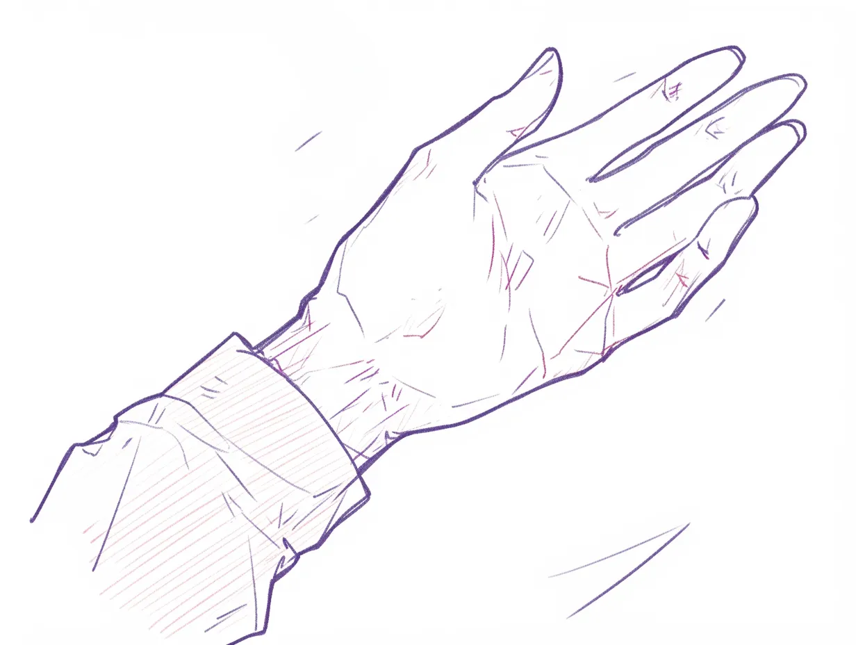 左手を差し伸べるの手元強調｜【基本構造】人物全体は描かず、左手のみを大きくフレーミングする描き方です。掌の皺や骨格が細かく描写されています。<br>【演出の方向性】手の質感や線の強弱によって、感情を排した象徴的な演出となり、直接的な「差し出す」動作を印象づけています。<br>