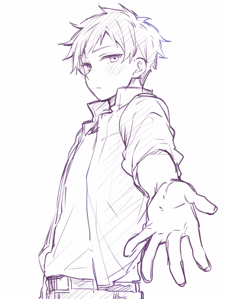 左手を差し伸べるの男子強気｜【基本構造】腰から上を斜め下からの視点で描き、左手を前に押し出す描き方です。鋭い目線と体のひねりが力強さを示しています。<br>【演出の方向性】頬の赤みと真っ直ぐな眼差しが、挑戦的でありながらも照れを伴う複雑な感情を表現しています。<br>