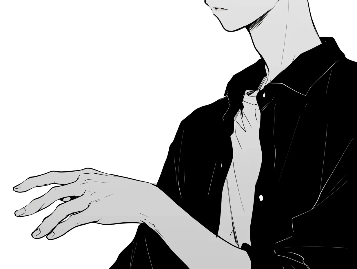 左手を差し伸べるの青年モノクロ｜【基本構造】黒いシャツを着た青年を横構図で描き、左手を流れるように差し出す描き方です。顔は省略され、身体と手のコントラストが際立ちます。<br>【演出の方向性】モノクロ調の描写が静謐さを強調し、感情を抑えたクールな印象を与えています。<br>