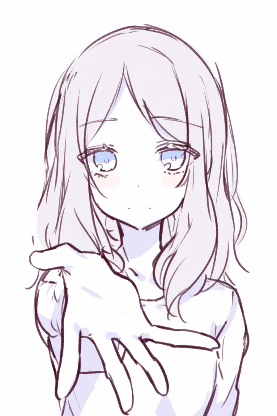右手を差し伸べるの少女正面｜【基本構造】正面から描かれた少女が右手を前に伸ばす描き方で、指先が画面手前に迫り立体感を強調しています。<br>【演出の方向性】大きな瞳と落ち着いた表情が、静かな誘いかけを示し、見る者に柔らかい安心感を与えています。<br>