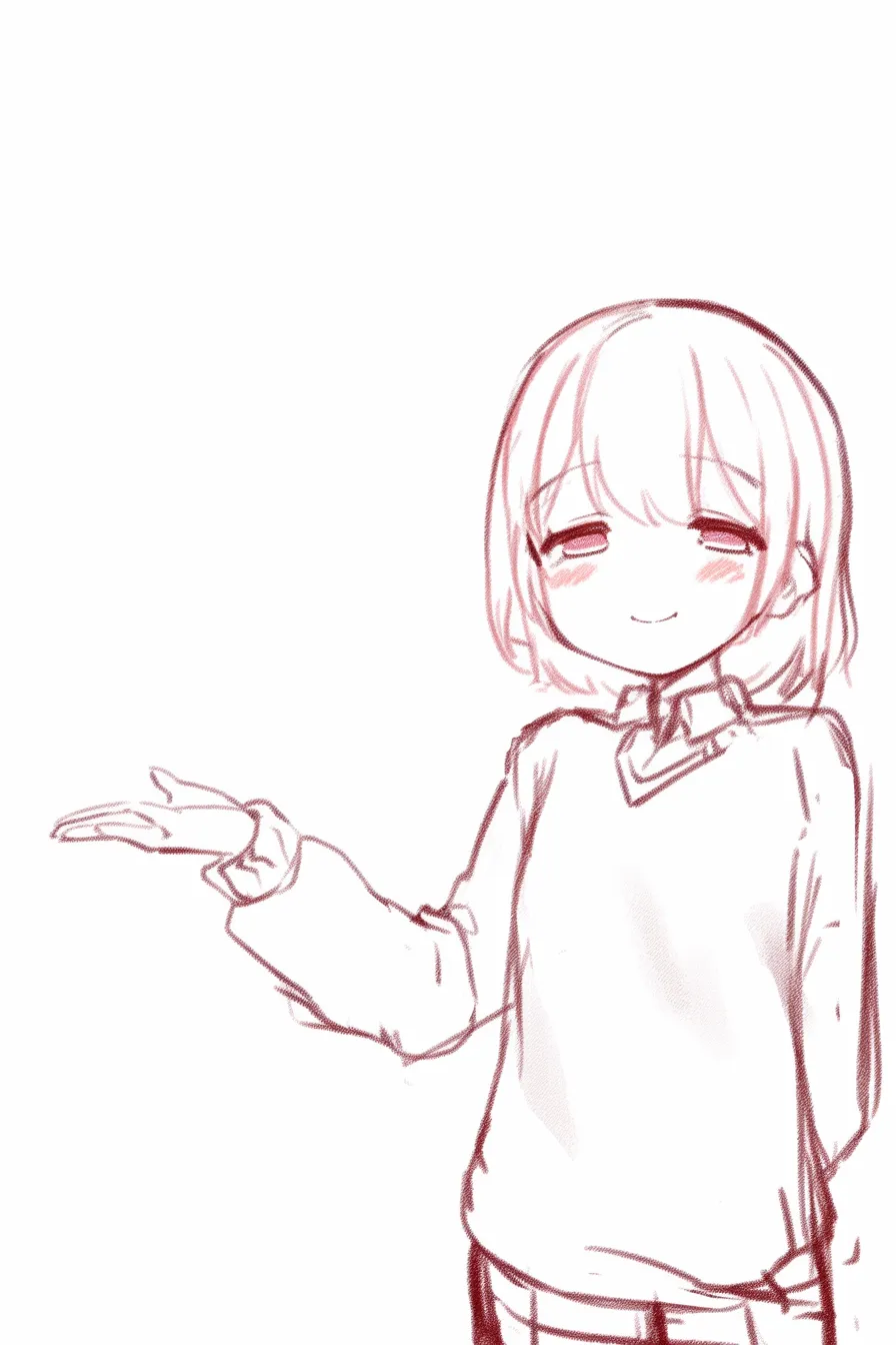 右手を差し伸べるの少女微笑｜【基本構造】全身を軽く傾け、右手を横に伸ばす描き方です。体全体のシルエットを簡素に保ち、柔らかな雰囲気を作り出しています。<br>【演出の方向性】目を細めた微笑と頬の赤みが、穏やかな親しみを生み、受け入れの温かさを強調しています。<br>