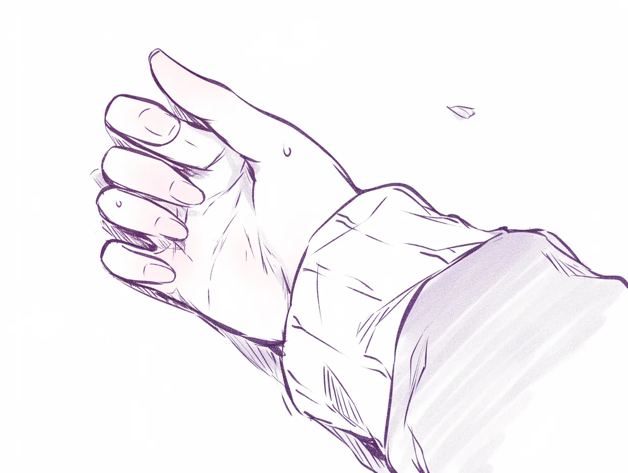 右手を差し伸べるの手元アップ｜【基本構造】右手を手首から大きく描き、掌を上に向けた描き方です。指の曲げ具合や皺が丁寧に描かれています。<br>【演出の方向性】汗のしずくを添えることで緊張感や切実さを表現し、よりリアルな感情を感じさせます。<br>